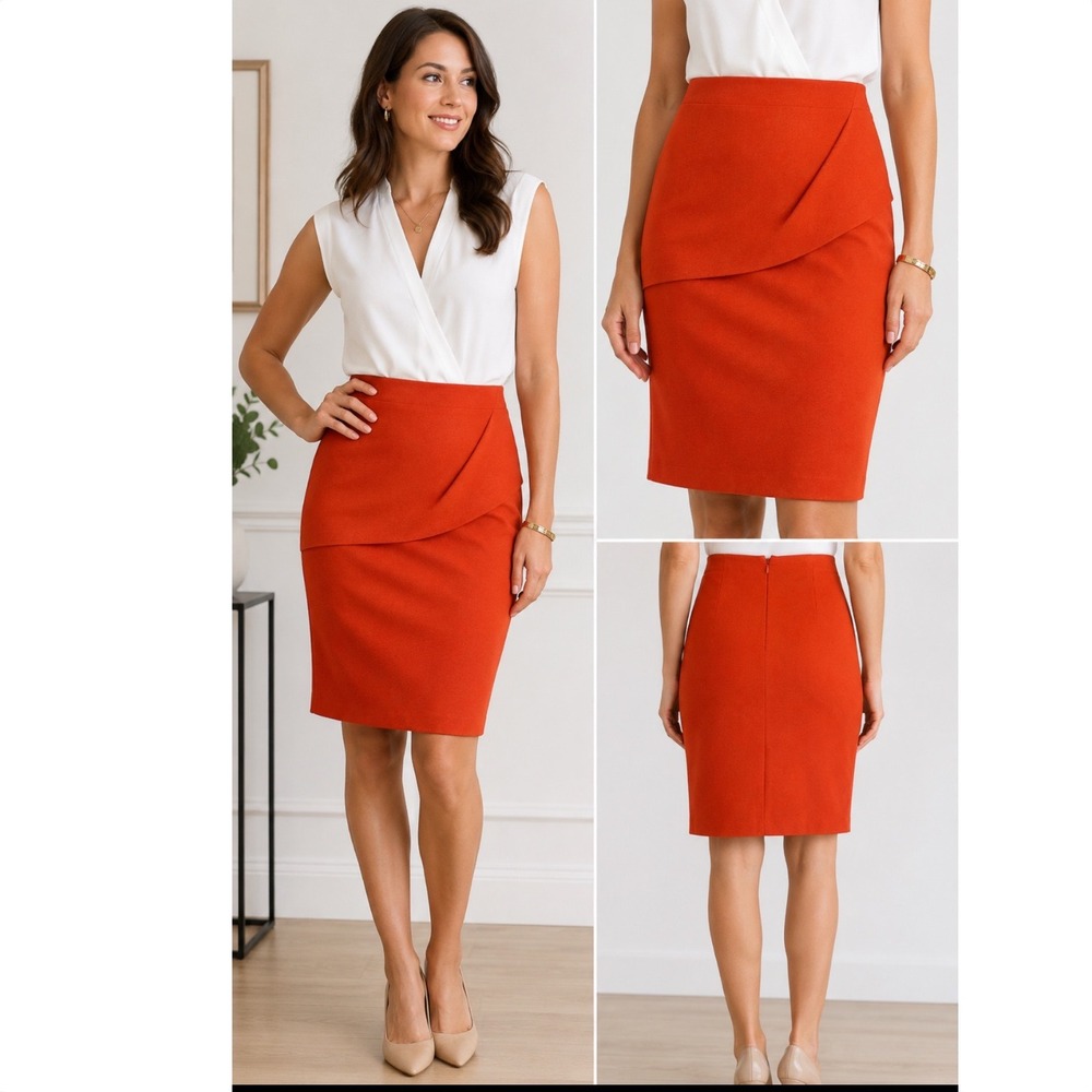Cabi Performance Skirt Burnt Orange Rust Asymmetrical Pencil Skirt 5692 Size 4‎